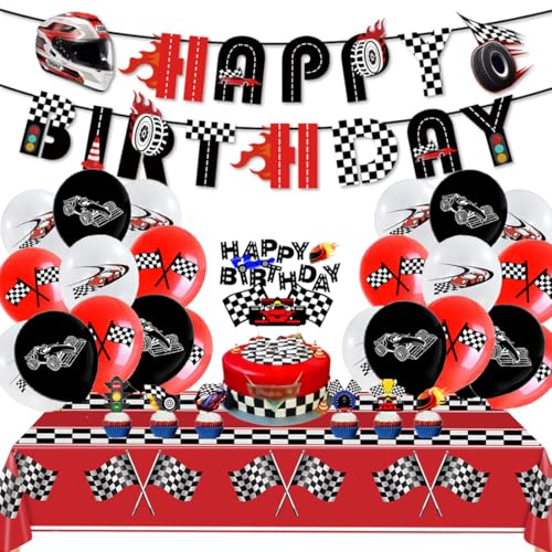 Motocross Geburtstag,Doyomtoy 21 Stück Motorrad Geburtstag Junge Dekoration Renn-Auto Luftballon Set Cupcake Topper Tischdecke Dekoration Rennwagen für Kinder Geburtstag Motto-Party von Doyomtoy