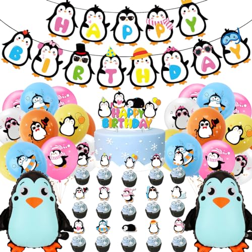 Doyomtoy 39 Stück Pinguin Geburtstag Deko - Luftballons, Folienballons, Banner, Cake Topper für Party Dekoration von Doyomtoy