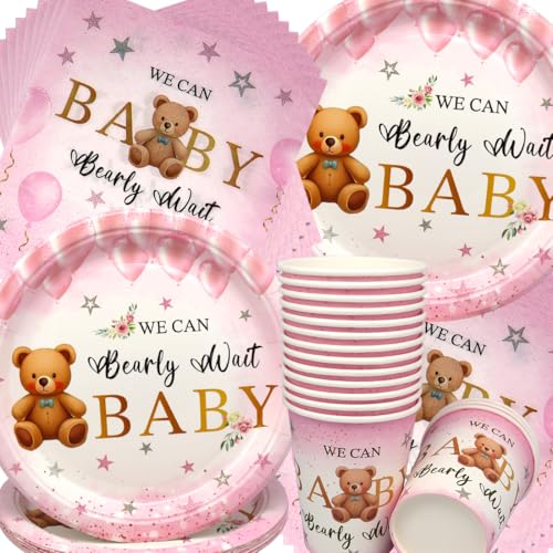 Doyomtoy Plüschbär Partygeschirr, Bärchen Geburtstag Deko Baby Geburtstag Bärs Tassen Servietten Tischdecke für Kindergeburtstag Party Deko Baby Shower 16 Gäste von Doyomtoy