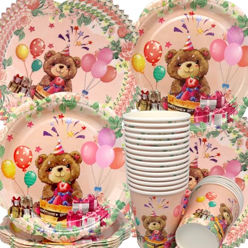 Doyomtoy Plüschbär Partygeschirr, Bärchen Geburtstag Deko Baby Geburtstag Bärs Tassen Servietten Tischdecke für Kindergeburtstag Party Deko Baby Shower 20 Gäste von Doyomtoy