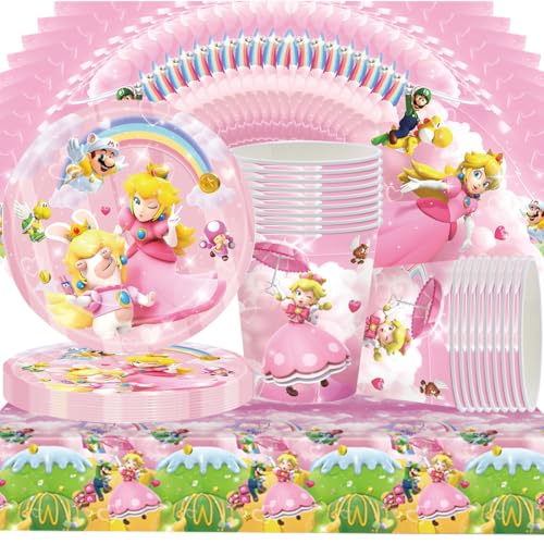 Prinzessin Pfirsich Partygeschirr Set,Doyomtoy Serve 20 Gäste Princess Peach Geburtstag Partygeschirr,Tischdecken,Teller,Tassen,Servietten für Partyzubehör Geburtstag von Doyomtoy