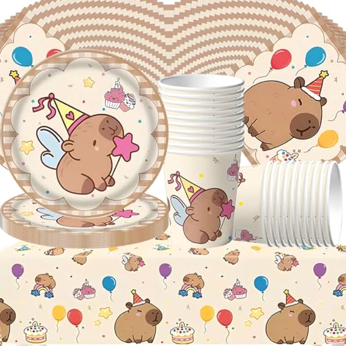 Wasserschwein-Delfin Partygeschirr Set,Doyomtoy Capybara Serve 20 Gäste Geburtstag Partygeschirr,Tischdecken,Teller,Tassen,Servietten für Partyzubehör Geburtstag von Doyomtoy