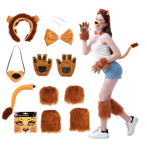 Dozesheep 10-teiliges Löwen-Kostüm-Set und Gesichtsaufkleber, Löwen-Stirnband, Krallenhandschuhe, Nase, Fliege, Handgelenk, Beinmanschetten, Erwachsene, Tierverkleidungszubehör von Dozesheep