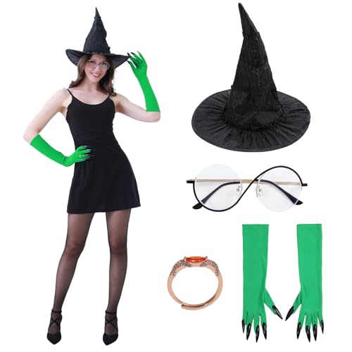 Dozesheep 4 Stück böse Hexe Halloween Cosplay Kostüme Hexenhut Brille Ring grüne Handschuhe Halloween Karneval Party von Dozesheep