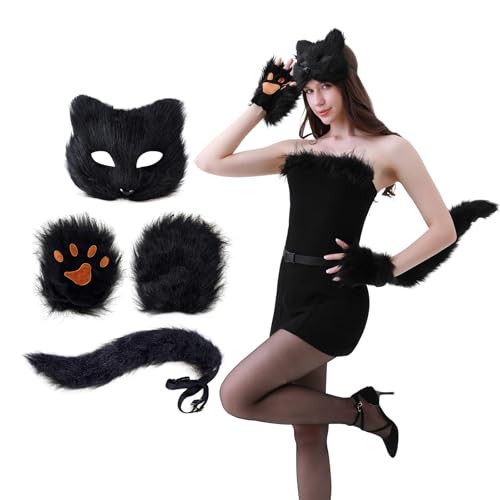 Dozesheep 4 x Tier-Kostüme, Fuchs, Wolf, Katze, Halloween, Party, Cosplay, Plüsch-Gesichtsmaske, Handschuhe und Schwanz, Ensemble, Zubehör, Karneval, Weihnachten, Maskerade für Mädchen und Frauen von Dozesheep