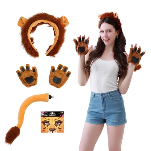 Dozesheep 5-teiliges Tier-Löwen-Kostüm-Set und Gesichts-Aufkleber, Plüsch-Ohren, Stirnband, Pfoten-Handschuhe, Schwanz, Erwachsene, Halloween-Verkleidungszubehör von Dozesheep