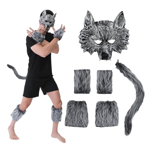 Dozesheep 6-teiliges Tier-Kostüm-Set mit Werwolf-Motiv für Halloween, Cosplay, Plüsch, Wolfsmaske und Schwanz, Handschuhe für Karneval, Geburtstag, Party, Maskerade, Zubehör für Männer und Frauen von Dozesheep