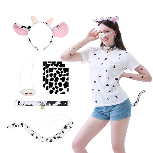 Dozesheep 9-teiliges Tierkostüm-Set, Kuhohren, Stirnband, Nasenschwanz, Druck, Glockenhalsband, Halskette, selbstklebende Aufkleber für Halloween, Karneval, Fasching, Partyzubehör von Dozesheep