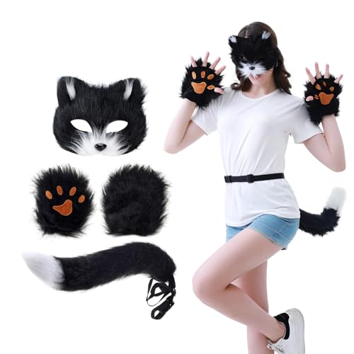 Dozesheep Fuchsmaske, Cosplay-Kostüm-Set, flauschige Halbgesichtsmaske, Handschuhe und Schwanz, Ensemble, Wolfskatze, Halloween, Weihnachten, Karneval, Maskerade, Zubehör für Mädchen und Frauen, 4 von Dozesheep