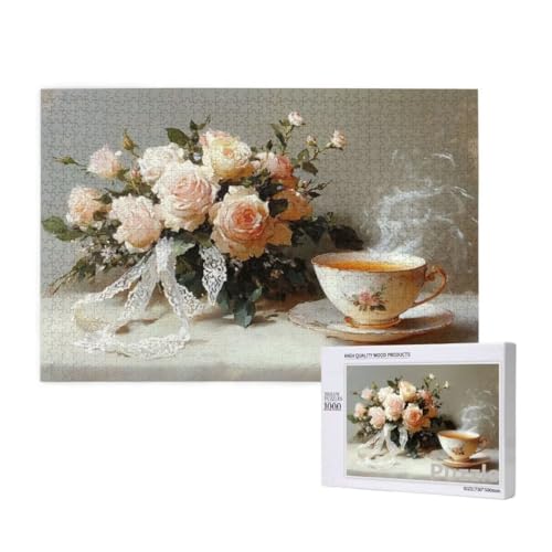 Blume Puzzle 1000 Teile Erwachsene, Groß Puzzle Tasse Muster Design, Holz Jigsaw 75x50cm Size mit Geschenkboxverpackung for Wanddeko Wohnzimmer, Geschenke für Frauen, Geschenke für Männer,Model566 von Dozsconz