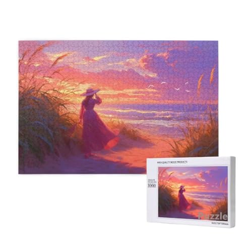 Frau Puzzle 1000 Teile Erwachsene, Groß Puzzle Strand Muster Design, Holz Jigsaw 75x50cm Size mit Geschenkboxverpackung for Wanddeko Wohnzimmer, Geschenke für Frauen, Geschenke für Männer,Model306 von Dozsconz