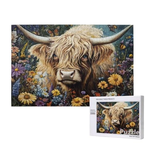 Hochlandrinder Puzzle 1500 Teile Erwachsene, Groß Puzzle Blume Muster Design, Jigsaw 87x57cm Size mit Geschenkboxverpackung, Wanddeko Wohnzimmer, Geschenke für Frauen, Geschenke für Männer,Model644 von Dozsconz
