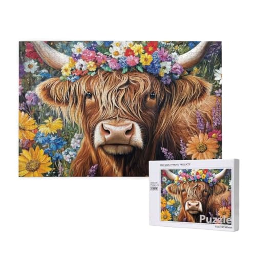 Hochlandrinder Puzzle 1500 Teile Erwachsene, Groß Puzzle Sonnenblume Muster, Jigsaw 87x57cm Size mit Geschenkboxverpackung, Wanddeko Wohnzimmer, Geschenke für Frauen, Geschenke für Männer,Model640 von Dozsconz