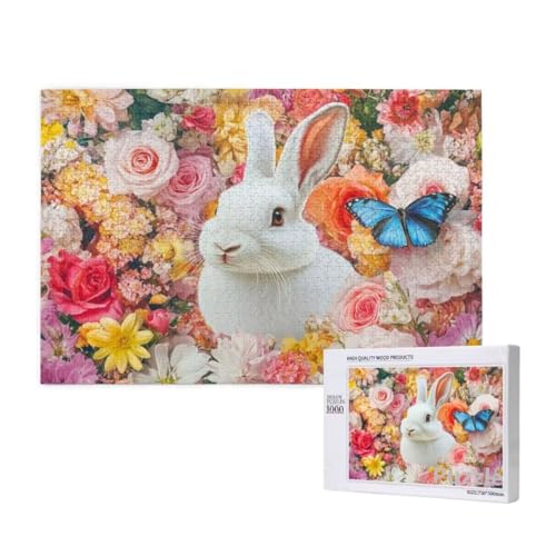 Kaninchen Puzzle 1000 Teile Erwachsene, Groß Puzzle Blume Muster Design, Holz Jigsaw 75x50cm Size mit Geschenkboxverpackung, Wanddeko Wohnzimmer, Geschenke für Frauen, Geschenke für Männer,Model648 von Dozsconz