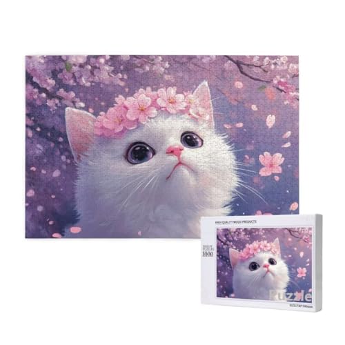 Katze Puzzle 1000 Teile Erwachsene, Groß Puzzle KirschblüTen Muster Design, Jigsaw 75x50cm Size mit Geschenkboxverpackung, Wanddeko Wohnzimmer, Geschenke für Frauen, Geschenke für Männer,Model754 von Dozsconz