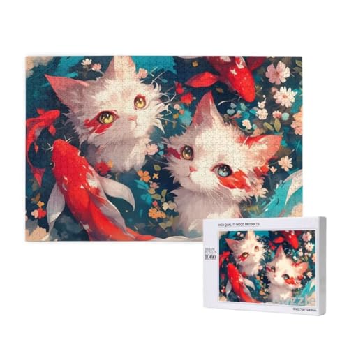 Katze Puzzle 1000 Teile Erwachsene, Groß Puzzle Koi Muster Design, Holz Jigsaw 75x50cm Size mit Geschenkboxverpackung for Wanddeko Wohnzimmer, Geschenke für Frauen, Geschenke für Männer,Model1108 von Dozsconz