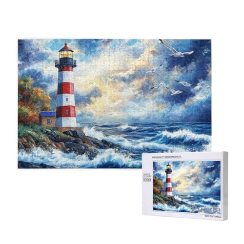 Leuchtturm Puzzle 1000 Teile Erwachsene, Groß Puzzle Wellen Muster Design, Holz Jigsaw 75x50cm Size mit Geschenkboxverpackung, Wanddeko Wohnzimmer, Geschenke für Frauen, Geschenke für Männer,Model338 von Dozsconz