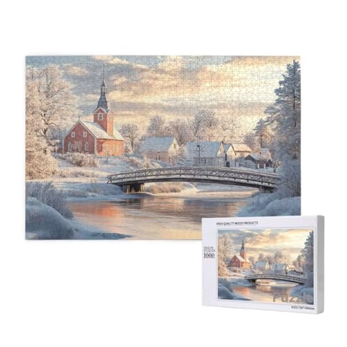 Puzzle 1000 Teile Erwachsene, Dorf Puzzle Schneeszene Muster Design, Groß Holz Jigsaw 75x50cm Size mit Geschenkboxverpackung, Wanddeko Wohnzimmer, Geschenke für Frauen, Geschenke für Männer,Model319 von Dozsconz