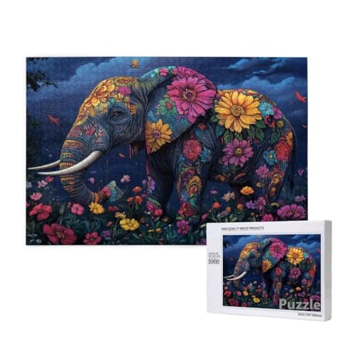 Puzzle 1000 Teile Erwachsene, Elefant Puzzle Blume Muster Design, Groß Holz Jigsaw 75x50cm Size mit Geschenkboxverpackung for Wanddeko Wohnzimmer, Geschenke für Frauen, Geschenke für Männer,Model215 von Dozsconz
