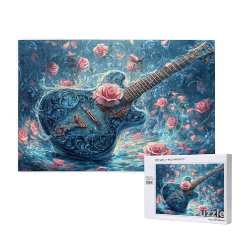 Puzzle 1000 Teile Erwachsene, Gitarre Puzzle Blume Muster Design, Groß Holz Jigsaw 75x50cm Size mit Geschenkboxverpackung, Wanddeko Wohnzimmer, Geschenke für Frauen, Geschenke für Männer,Model1349 von Dozsconz