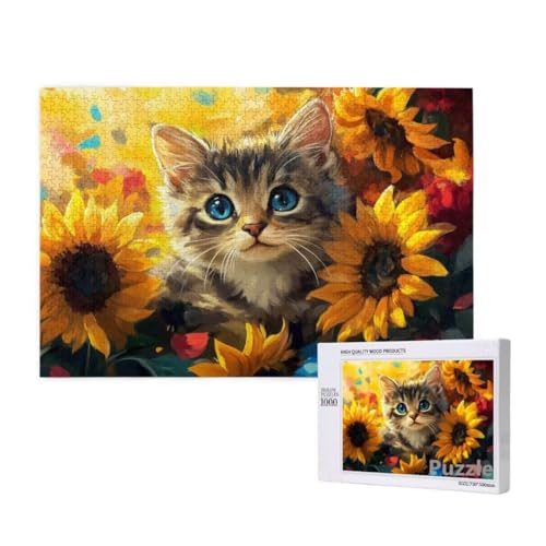 Puzzle 1000 Teile Erwachsene, Katze Puzzle Sonnenblume Muster Design, Groß Jigsaw 75x50cm Size mit Geschenkboxverpackung, Wanddeko Wohnzimmer, Geschenke für Frauen, Geschenke für Männer,Model421 von Dozsconz