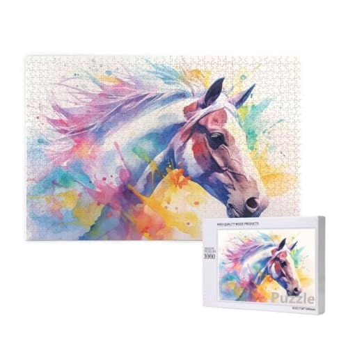 Puzzle 1000 Teile Erwachsene, Pferd Puzzle Farbe Muster Design, Groß Holz Jigsaw 75x50cm Size mit Geschenkboxverpackung for Wanddeko Wohnzimmer, Geschenke für Frauen, Geschenke für Männer,Model567 von Dozsconz