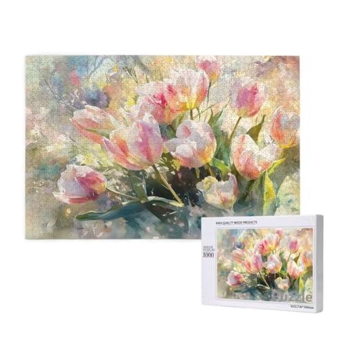 Puzzle 1000 Teile Erwachsene, Tulpe Puzzle Rosa Muster Design, Groß Holz Jigsaw 75x50cm Size mit Geschenkboxverpackung for Wanddeko Wohnzimmer, Geschenke für Frauen, Geschenke für Männer,Model239 von Dozsconz