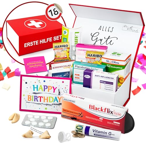 Lustige Erste Hilfe Set Geschenkbox zum runden Geburtstag mit vielfältigem Inhalt | 12-teilig | Realistische Packungen + Sticker + Geschenkröhrchen + Geburtstagskarte in edler Magnetbox (18 Jahre) von Dr. G. Schenk