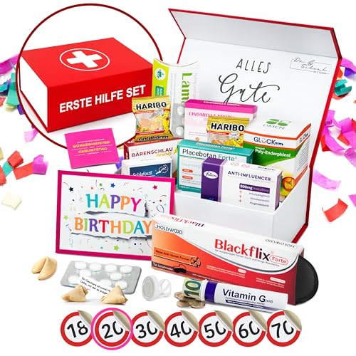 Lustige Erste Hilfe Set Geschenkbox zum runden Geburtstag mit vielfältigem Inhalt | 12-teilig | Realistische Packungen + Sticker + Geschenkröhrchen + Geburtstagskarte in edler Magnetbox (20 Jahre) von Dr. G. Schenk
