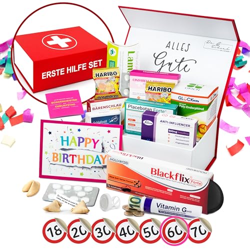 Lustige Erste Hilfe Set Geschenkbox zum runden Geburtstag mit vielfältigem Inhalt | 12-teilig | Realistische Packungen + Sticker + Geschenkröhrchen + Geburtstagskarte in edler Magnetbox (60 Jahre) von Dr. G. Schenk