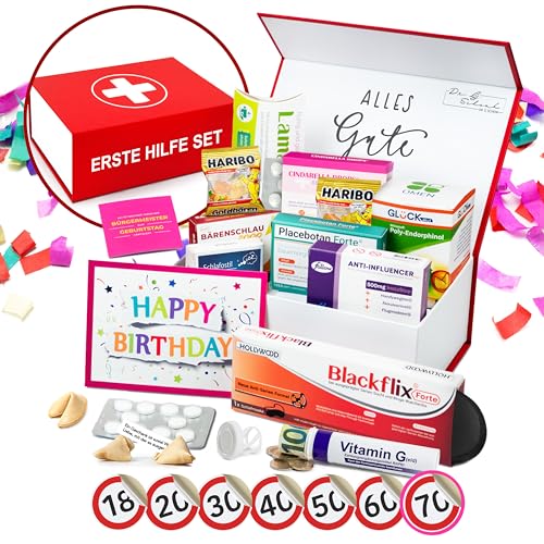 Lustige Erste Hilfe Set Geschenkbox zum runden Geburtstag mit vielfältigem Inhalt | 12-teilig | Realistische Packungen + Sticker + Geschenkröhrchen + Geburtstagskarte in edler Magnetbox (70 Jahre) von Dr. G. Schenk
