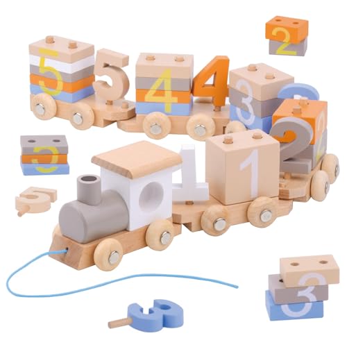 Dr. MUYA® Montessori Spielzeug 1 2 3 4 Jahre, Spielzeug ab 1 Jahr, Geburtstagszug Holz, Motorikspielzeug, Lernspielzeug, Stapelspielzeug, Geschenk 1–4 Jahre Kinder Junge Mädchen von Dr. MUYA