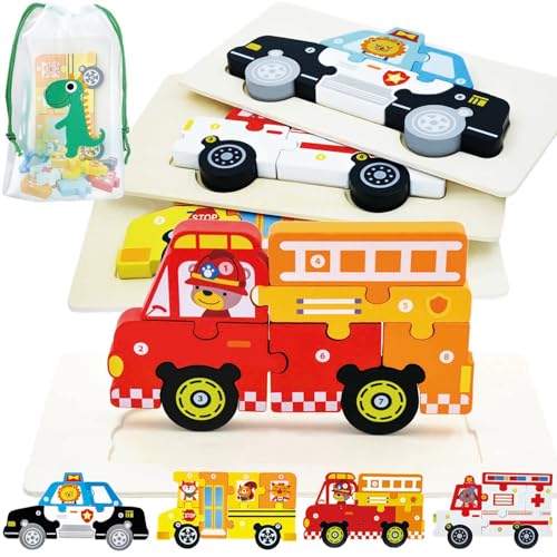 Dr. MUYA Holzpuzzle für Kinder 2 3 4 5 Jahren, Montessori Spielzeug, Lernendes Holzspielzeug, Pädagogisches Kinderspielzeug, 4 Stück, Feuerwehrauto Polizeiauto, Geschenk für Jungen von Dr. MUYA