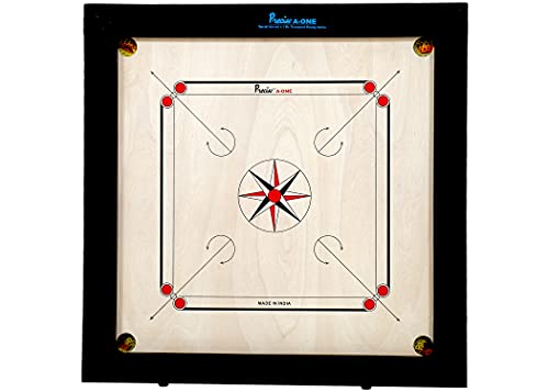 Precise Prof Carrom - AMA-One 8 mm - 12 kg. Turnier Brett - India handgefertigt - Turnier Wettkampf - Komplett mit Steinen, Striker und Puder in Tasche - Top Qualitate von Dr. Sport