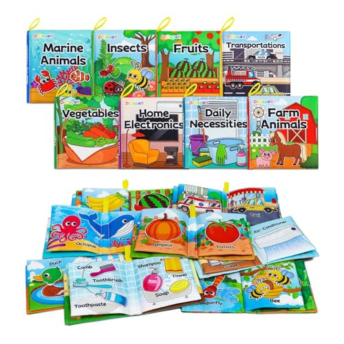 Dr.Rapeti 8 Stück Stoffbuch für Babys, Baby Soft Tuchbuch, Baby Pädagogisches Spielzeug, Vorschulspielzeug, Waschbar Anti Tear Badebuch, Früherziehung Spielzeug (Das Stoffbuch ist auf Englisch) von Dr.Rapeti