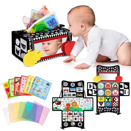 Dr.rapeti 3in1 Tissue Box Spielzeug, Sensorik Montessori Spielzeug Mit Spiegel, Baby-Spielzeug, Baby Schwarz Weiß Hohem Kontrast Spielzeug, Crinkle Spielzeug, Seidentüchern & Beißring fur Baby von Dr.rapeti