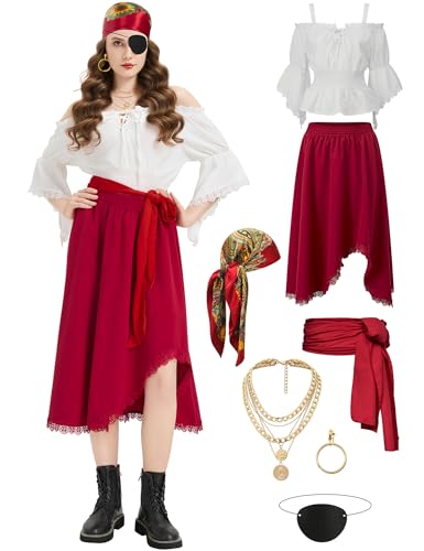 Drachompa Piratenkostüm für Damen mit Renaissance-Hemd, Rock, komplettes Set, Halloween, weibliches Piraten-Outfit mit Zubehör-Set Drachompa Piratenkostüm für Damen mit Renaissance-Hemd, Rock, komplettes Set, Halloween, weibliches Piraten-Outfit mit Zubehör-Set von Drachompa