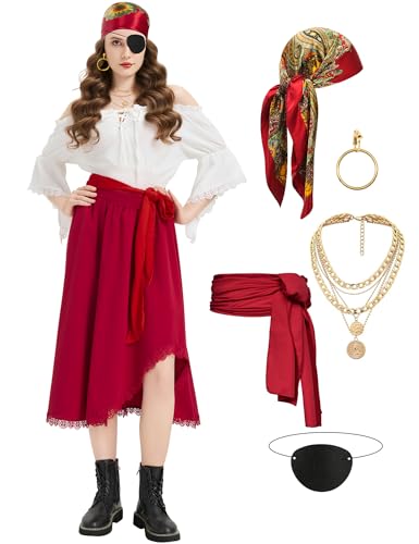 Drachompa Piratenkostüm für Damen mit Renaissance-Hemd, Rock, komplettes Set, Halloween, weibliches Piraten-Outfit mit Zubehör-Set von Drachompa