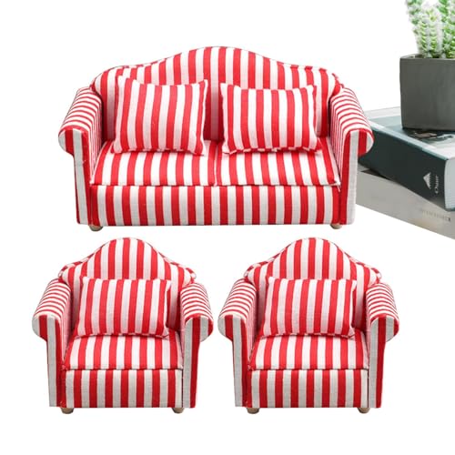 Dranng Miniatur-Puppenhaus-Couch-Sofa, Puppenhaus-Couch mit Kissen - Mini-Puppenhausmöbel im Maßstab 1:12, Couch und Stuhl | Hochsimuliertes Miniatursofa aus Holzstoff, rote und weiße Streifen, von Dranng