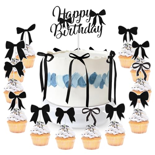 23 Stück Tortendeko Schleife Schwarz, Happy Birthday Cake Topper Deko, Cupcake Topper Schleifen, Tortendeko Geburtstag Kuchen Dekorationen für Mädchen Geburtstag Party 23 Stück Tortendeko Schleife Schwarz, Happy Birthday Cake Topper Deko, Cupcake Topper Schleifen, Tortendeko Geburtstag Kuchen Dekorationen für Mädchen Geburtstag Party von Draupnir