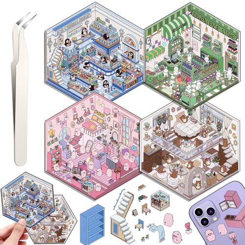 4 Sets DIY 3D House Stickers, DIY Haus Aufkleber Stickers Machen Sie Ihren Eigenen, Supermarkt, Kaffeehaus, Buchhandlung, Restaurant, Cute 3D Scene Sticker Set mit 1 Pinzetten 4 Sets DIY 3D House Stickers, DIY Haus Aufkleber Stickers Machen Sie Ihren Eigenen, Supermarkt, Kaffeehaus, Buchhandlung, Restaurant, Cute 3D Scene Sticker Set mit 1 Pinzetten von Draupnir