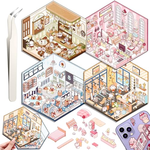 4 Sets DIY 3D House Stickers, DIY Haus Aufkleber Stickers Machen Sie Ihren Eigenen, Supermarkt, Kaffeehaus, Buchhandlung, Restaurant, Cute 3D Scene Sticker Set mit 1 Pinzetten 4 Sets DIY 3D House Stickers, DIY Haus Aufkleber Stickers Machen Sie Ihren Eigenen, Supermarkt, Kaffeehaus, Buchhandlung, Restaurant, Cute 3D Scene Sticker Set mit 1 Pinzetten von Draupnir