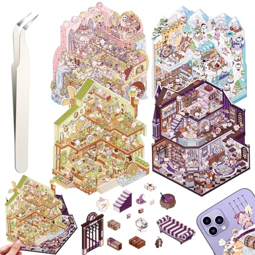4 Sets DIY 3D House Stickers, DIY Haus Aufkleber Stickers Machen Sie Ihren Eigenen, Supermarkt, Kaffeehaus, Buchhandlung, Restaurant, Cute 3D Scene Sticker Set mit 1 Pinzetten 4 Sets DIY 3D House Stickers, DIY Haus Aufkleber Stickers Machen Sie Ihren Eigenen, Supermarkt, Kaffeehaus, Buchhandlung, Restaurant, Cute 3D Scene Sticker Set mit 1 Pinzetten von Draupnir