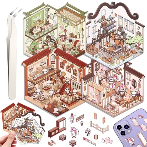 4 Sets DIY 3D House Stickers, DIY Haus Aufkleber Stickers Machen Sie Ihren Eigenen, Supermarkt, Kaffeehaus, Buchhandlung, Restaurant, Cute 3D Scene Sticker Set mit 1 Pinzetten von Draupnir