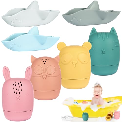 7 Stück Badewannenspielzeug Baby Badespielzeug Silikon Badewannen Spielzeug Kinder Wasserspielzeug Baby Badequetschies Badetiere Bath Toys Geschenke für Babys Unisex von Draupnir