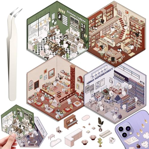 Draupnir 4 Sets DIY 3D House Stickers, DIY Haus Aufkleber Stickers Machen Sie Ihren Eigenen, Supermarkt, Kaffeehaus, Buchhandlung, Restaurant, Cute 3D Scene Stickers Set mit 1 Pinzetten Draupnir 4 Sets DIY 3D House Stickers, DIY Haus Aufkleber Stickers Machen Sie Ihren Eigenen, Supermarkt, Kaffeehaus, Buchhandlung, Restaurant, Cute 3D Scene Stickers Set mit 1 Pinzetten von Draupnir