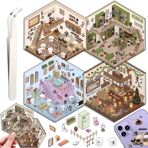 Draupnir 4 Sets DIY 3D House Stickers, DIY Haus Aufkleber Stickers Machen Sie Ihren Eigenen, Supermarkt, Kaffeehaus, Buchhandlung, Restaurant, Cute 3D Scene Stickers Set mit 1 Pinzetten Draupnir 4 Sets DIY 3D House Stickers, DIY Haus Aufkleber Stickers Machen Sie Ihren Eigenen, Supermarkt, Kaffeehaus, Buchhandlung, Restaurant, Cute 3D Scene Stickers Set mit 1 Pinzetten von Draupnir