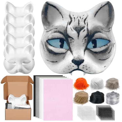 Draupnir 6 Stück Therian Katzenmasken, Papier Maske zum Bemalen mit 6 Kuns Fell, 6 Selbstklebende Filz und 12 Eye Mesh, DIY Weiße Maske für Halloween, Weihnachten, Karneval, Party Cosplay Draupnir 6 Stück Therian Katzenmasken, Papier Maske zum Bemalen mit 6 Kuns Fell, 6 Selbstklebende Filz und 12 Eye Mesh, DIY Weiße Maske für Halloween, Weihnachten, Karneval, Party Cosplay von Draupnir