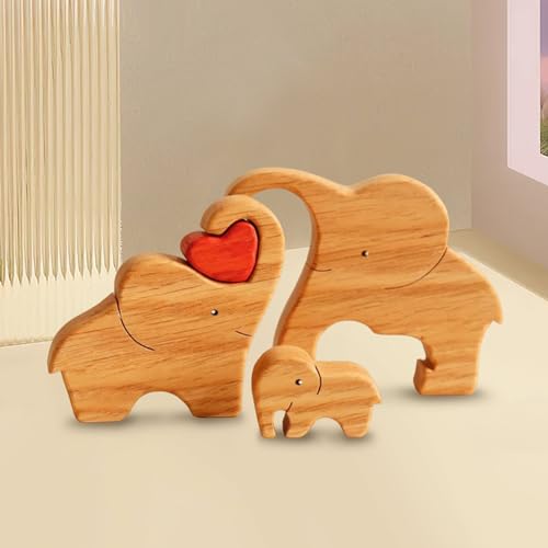 Drawelry Personalisiert Holz Elefanten Puzzle mit 2–8 Familien Namen Liebe Herz Gravur Skulptur, Tier Statue Ornamente für Home Dekor Elternteil Kinder Geburtstags Weihnachts Neujahrs Geschenke (A2) von Drawelry