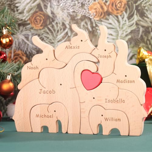 Drawelry Personalisiert Holz Elefanten Puzzle mit 2–8 Familien Namen Liebe Herz Gravur Skulptur, Tier Statue Ornamente für Home Dekor Elternteil Kinder Geburtstags Weihnachts Neujahrs Geschenke (A4) von Drawelry